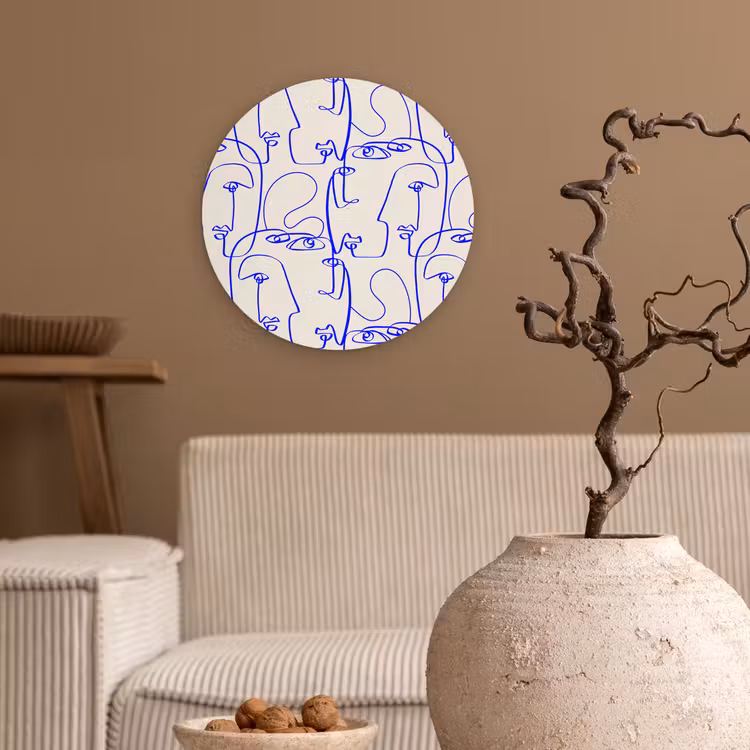 Gezicht - Blauw - Lijnen - Beige Wandcirkel plexiglas klein 852 -sfeer1