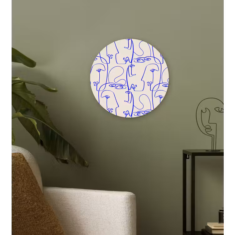Gezicht - Blauw - Lijnen - Beige Wandcirkel plexiglas klein 852 -sfeer3