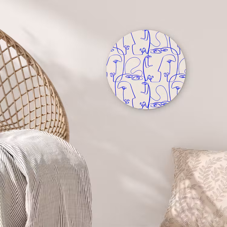 Gezicht - Blauw - Lijnen - Beige Wandcirkel plexiglas klein 852 -sfeer5