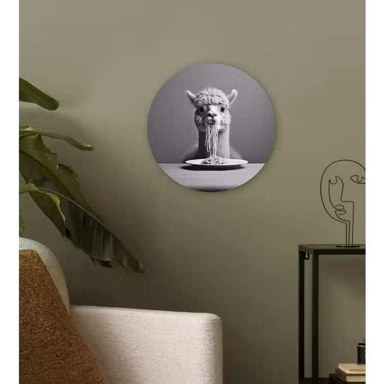 Alpaca - Pasta - Zwart - Wit - Grappig - Dieren Wandcirkel plexiglas klein -sfeer3