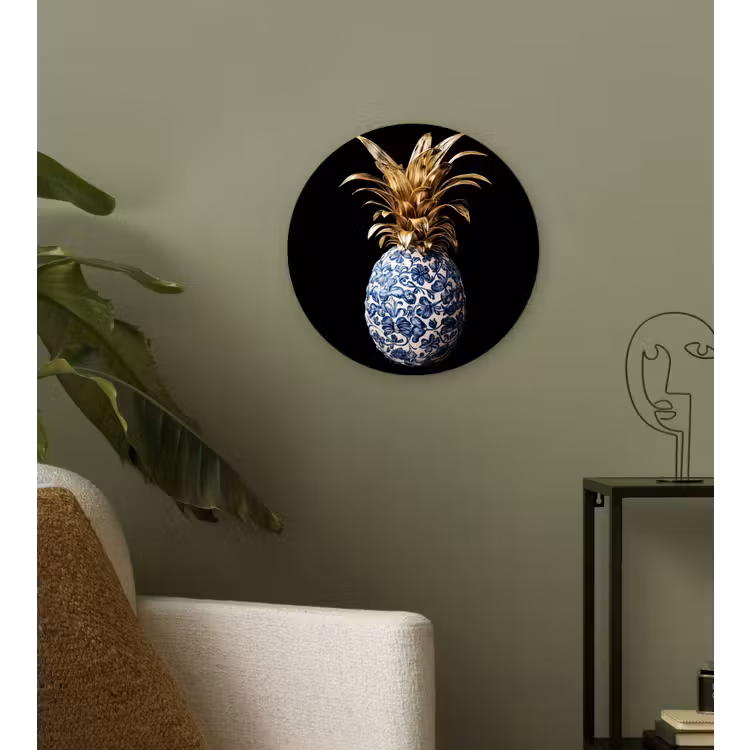 Ananas - Bloemen patroon - Goud - Delftsblauw Wandcirkel plexiglas klein -sfeer3