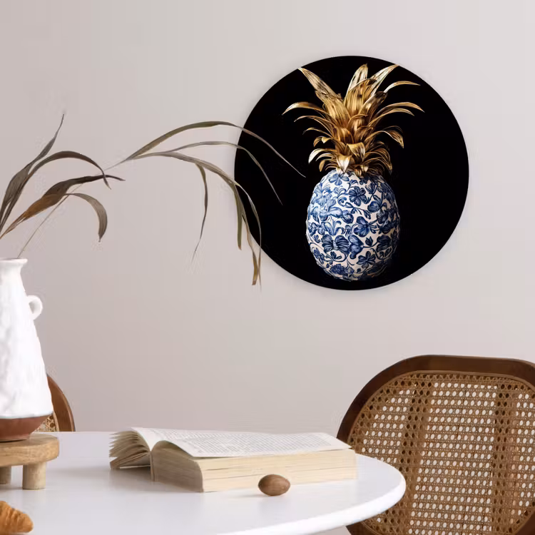 Ananas - Bloemen patroon - Goud - Delftsblauw Wandcirkel plexiglas klein -sfeer4