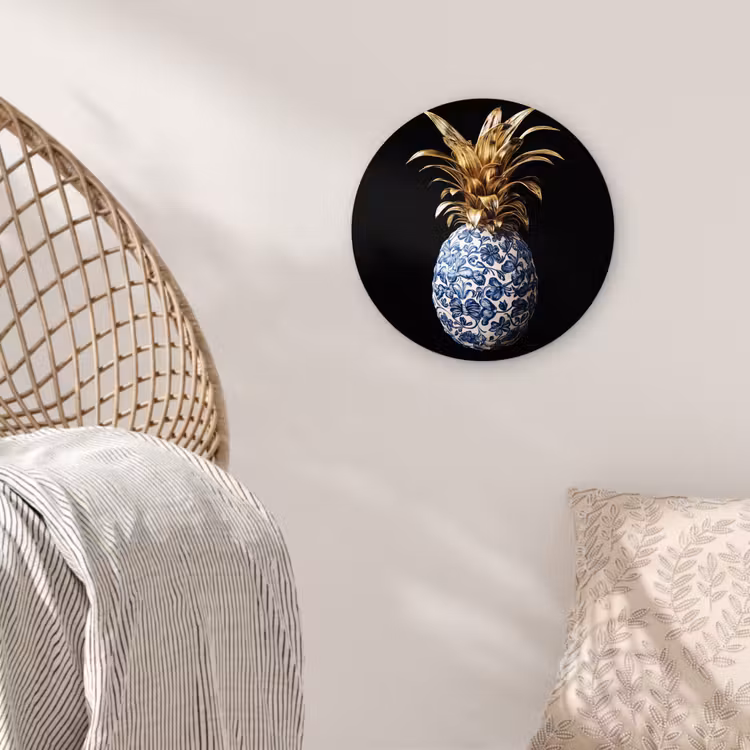 Ananas - Bloemen patroon - Goud - Delftsblauw Wandcirkel plexiglas klein -sfeer5