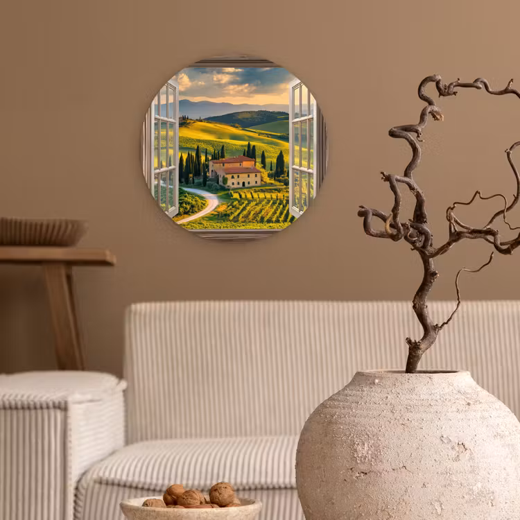 Doorkijk - Toscane - Uitzicht - Landschap - Zomer Wandcirkel plexiglas klein -sfeer1