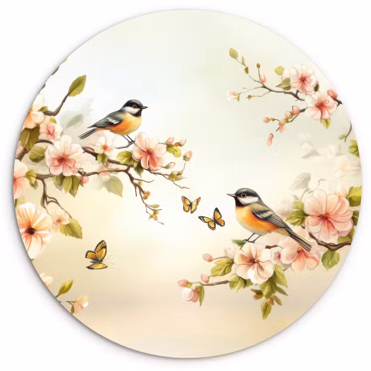 Takken - Bloemen - Vogeltjes - Roze Wandcirkel plexiglas klein -3d