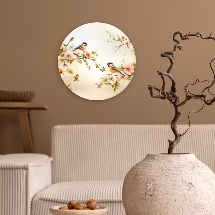 Takken - Bloemen - Vogeltjes - Roze Wandcirkel plexiglas klein -sfeer1