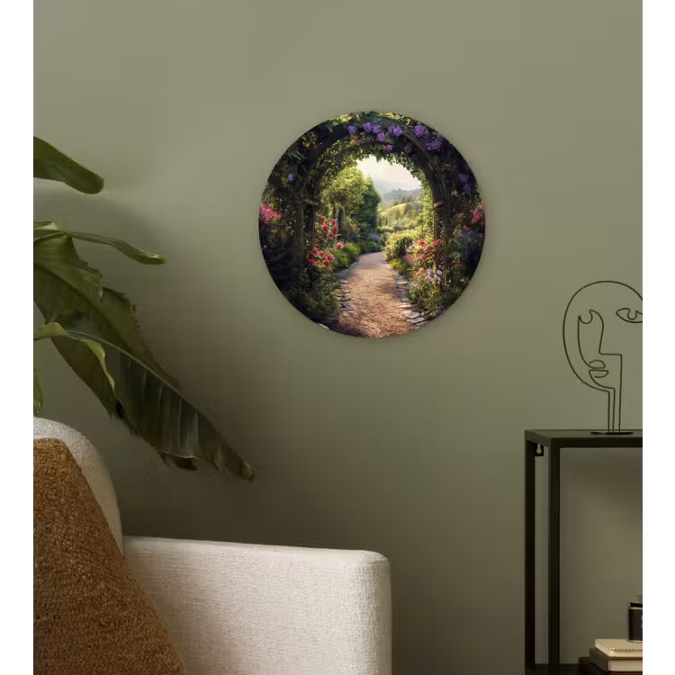 Doorkijk - Landschap - Bloemen - Tuinboog - Natuur Wandcirkel plexiglas klein -sfeer3