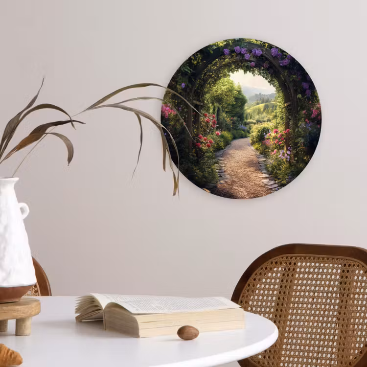 Doorkijk - Landschap - Bloemen - Tuinboog - Natuur Wandcirkel plexiglas klein -sfeer4