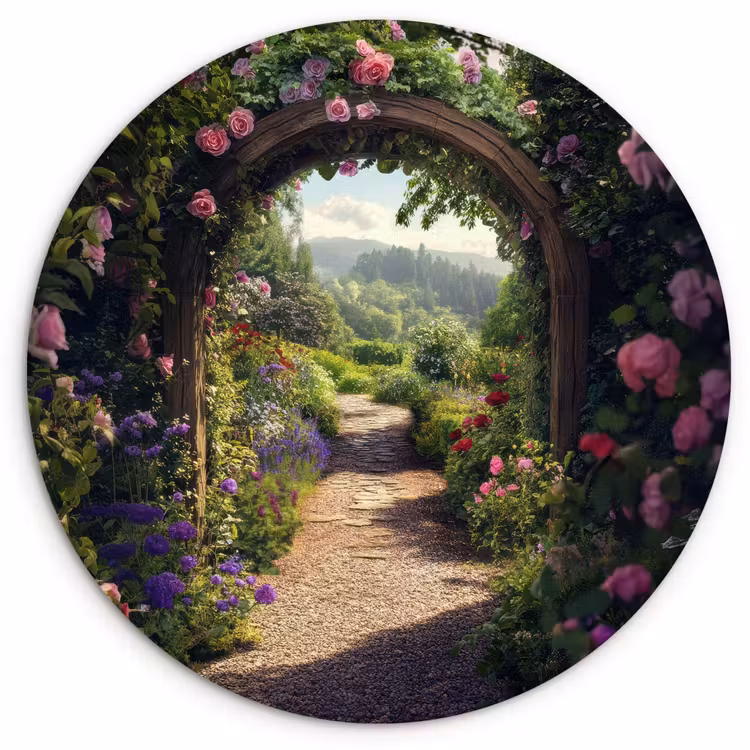Doorkijk - Landschap - Bloemen - Rozenboog - Natuur Wandcirkel plexiglas klein -3d