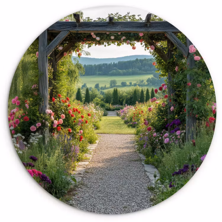 Doorkijk - Landschap - Natuur - Tuinboog - Bloemen Wandcirkel plexiglas klein -3d