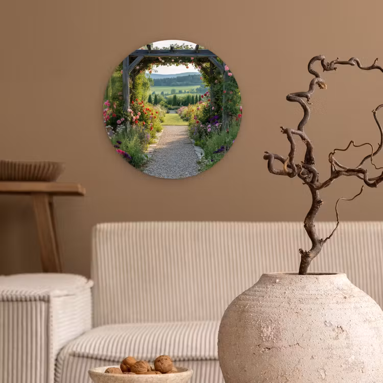 Doorkijk - Landschap - Natuur - Tuinboog - Bloemen Wandcirkel plexiglas klein -sfeer1