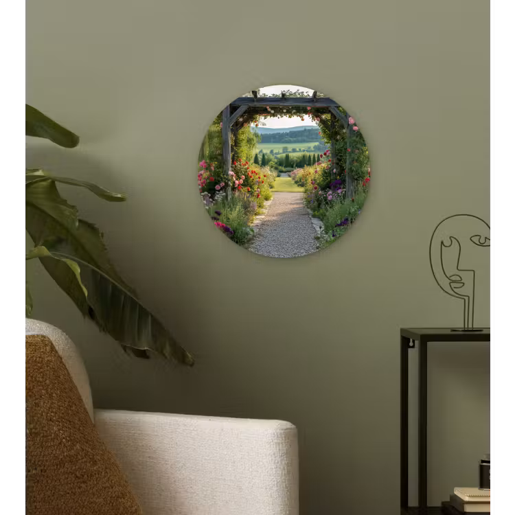 Doorkijk - Landschap - Natuur - Tuinboog - Bloemen Wandcirkel plexiglas klein -sfeer3