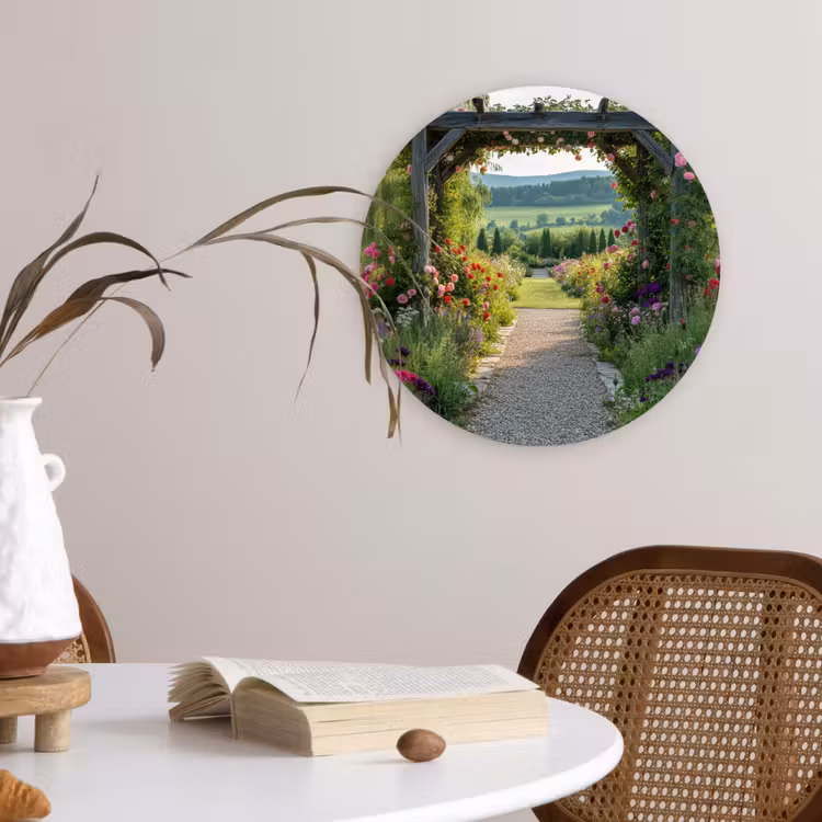 Doorkijk - Landschap - Natuur - Tuinboog - Bloemen Wandcirkel plexiglas klein -sfeer4