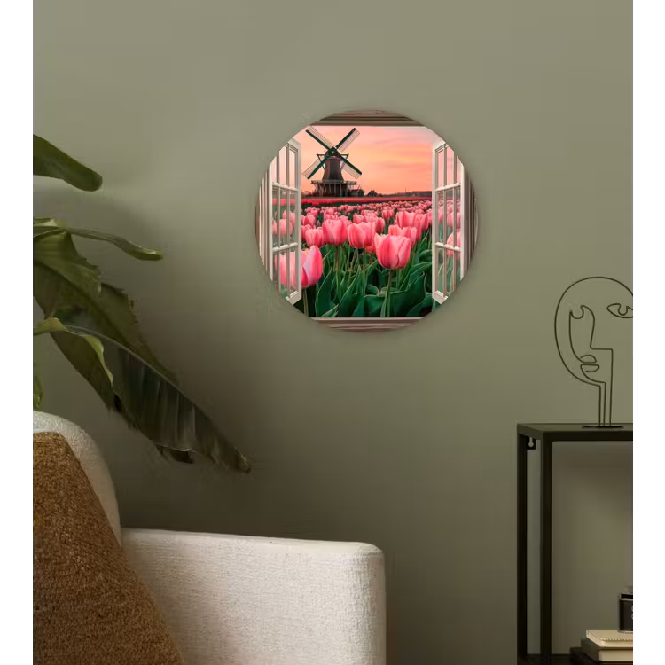 Doorkijk - Tulpen - Bloemen - Molen - Raam Wandcirkel plexiglas klein -sfeer3