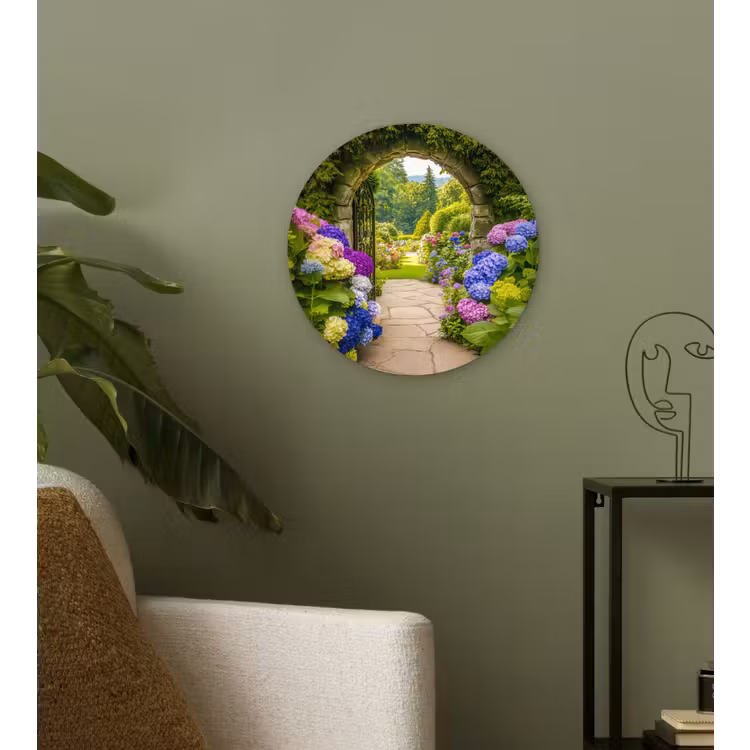 Doorkijk - Poort - Hortensia - Bloementuin Wandcirkel plexiglas klein -sfeer3