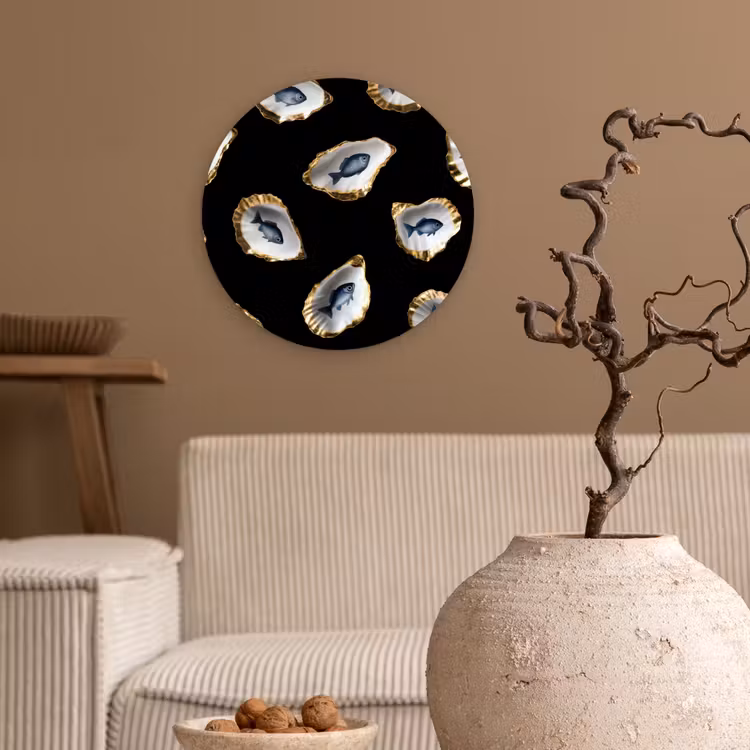 Oesters - Vissen - Blauw - Goud Wandcirkel plexiglas klein -sfeer1