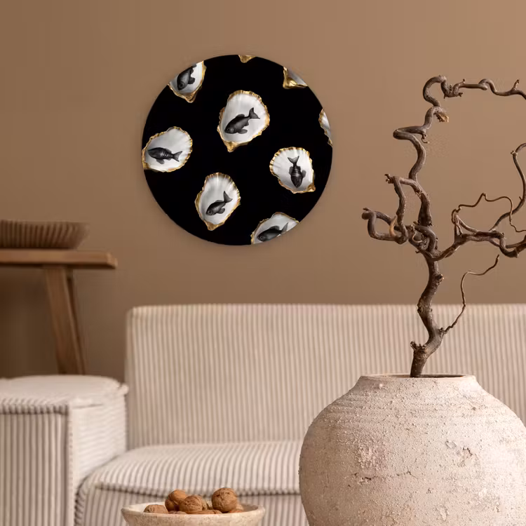 Oesters - Zwart - Vissen - Goud Wandcirkel plexiglas klein -sfeer1