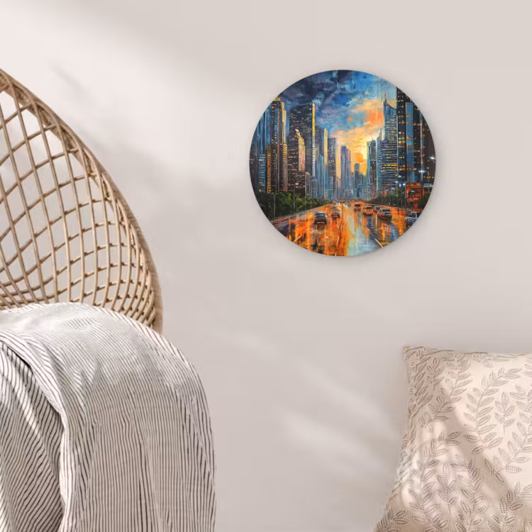 Auto - Skyline - Zon - Blauw Wandcirkel plexiglas klein -sfeer5