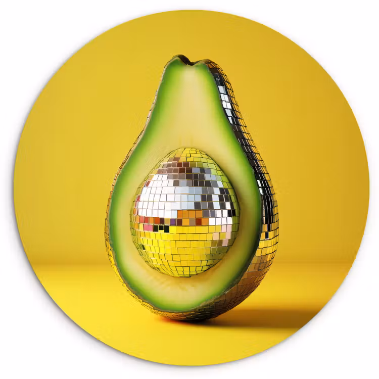 Avocado - Discobal - Geel - Glitter Wandcirkel plexiglas klein -3d