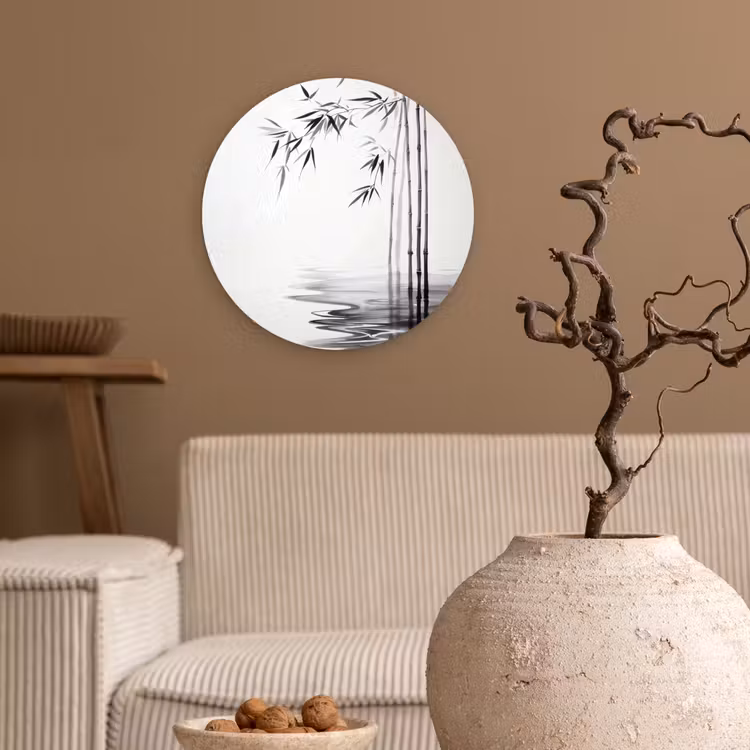 Bamboestammen - Water - Minimalistisch - Wit Wandcirkel plexiglas klein -sfeer1