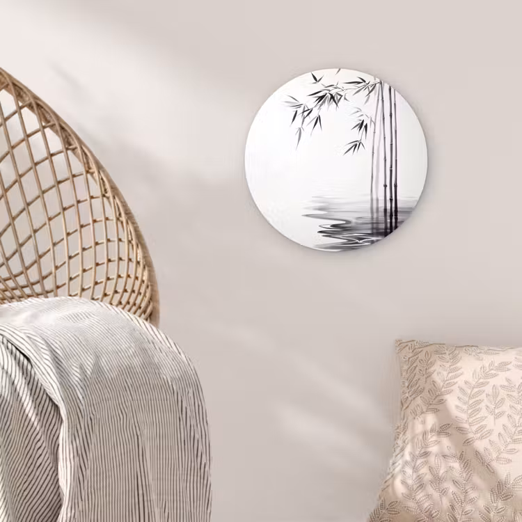 Bamboestammen - Water - Minimalistisch - Wit Wandcirkel plexiglas klein -sfeer5