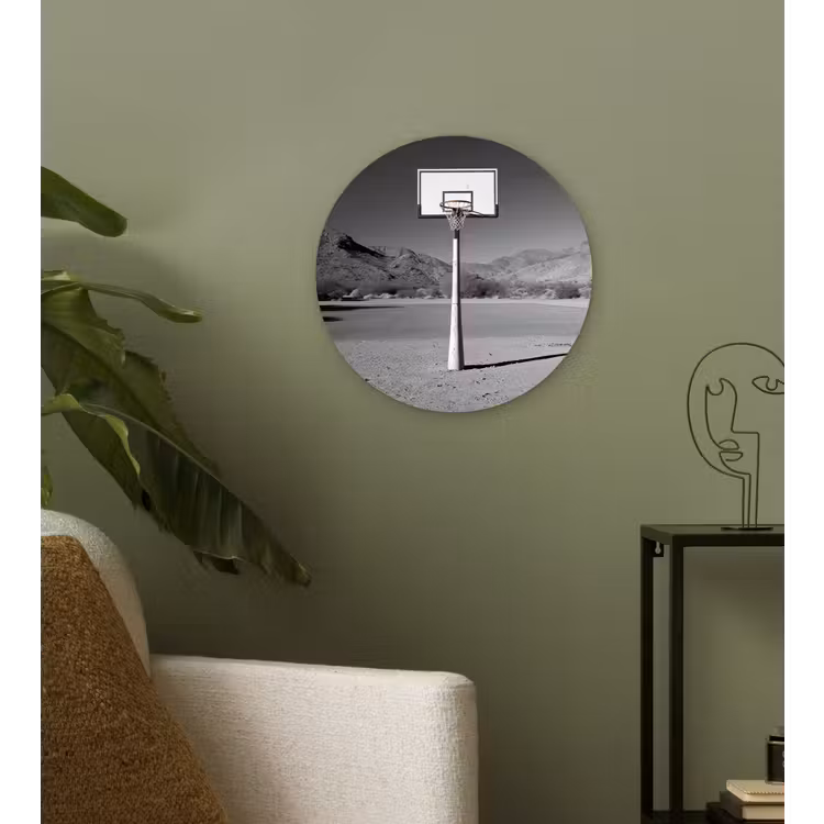 Basketbalpaal - Landschap - Zand - Wit Wandcirkel plexiglas klein -sfeer3
