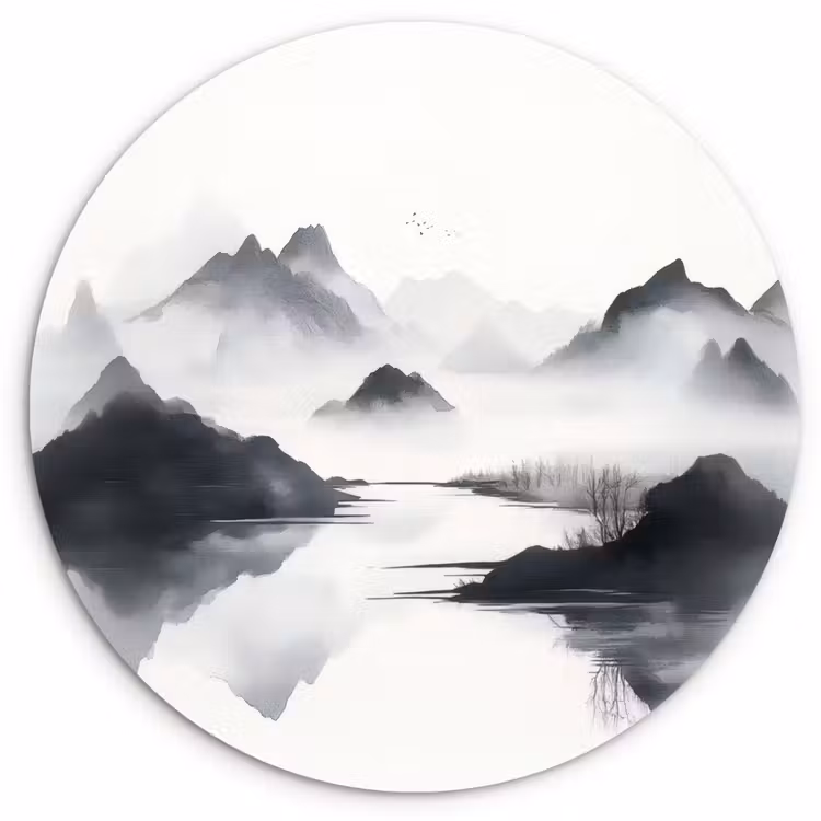 Bergen - Mistig - Water - Wit Wandcirkel plexiglas klein -3d