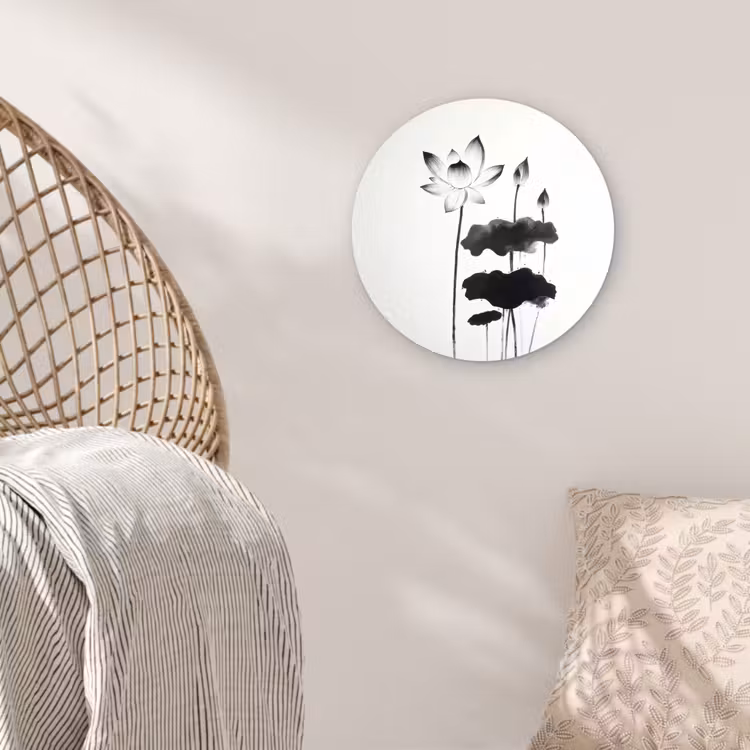 Bladeren - Zwart - Lotusbloem - Minimalitisch Wandcirkel plexiglas klein -sfeer5