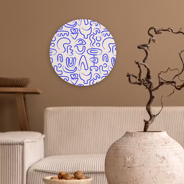 Blauw - Patroon - Abstract - Beige Wandcirkel plexiglas klein 852 -sfeer1