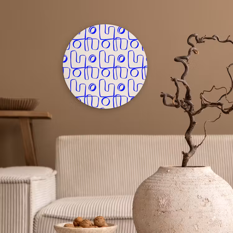 Blauw - Patroon - Beige - Abstract Wandcirkel plexiglas klein 852 -sfeer1
