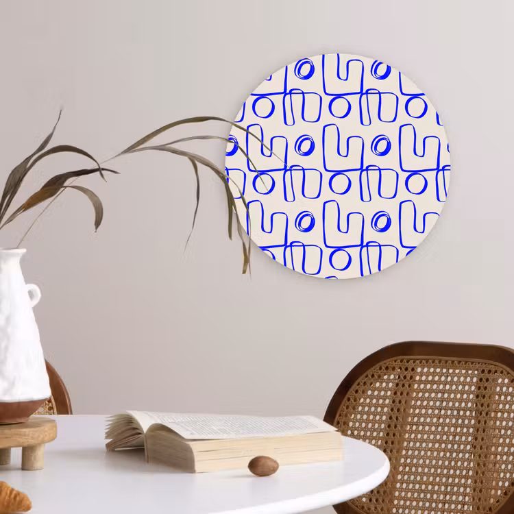 Blauw - Patroon - Beige - Abstract Wandcirkel plexiglas klein 852 -sfeer4