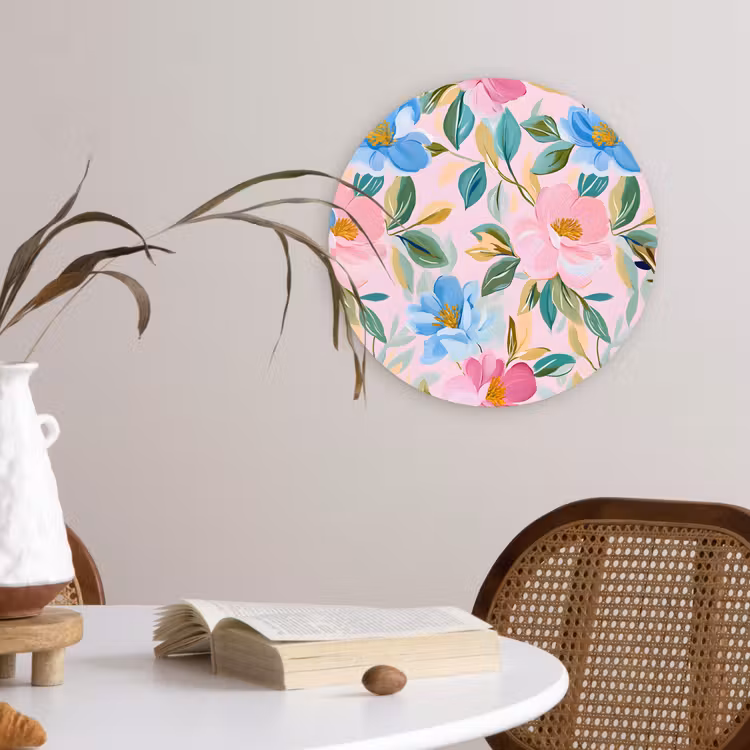 Blauw - Roze - Bloemen Wandcirkel plexiglas klein -sfeer4