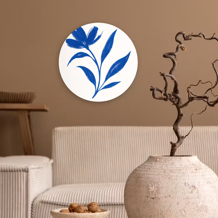 Bloem - Blaadjes - Minimalistisch - Blauw Wandcirkel plexiglas klein -sfeer1