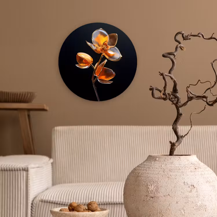 Bloem - Orchidee - Oranje Wandcirkel plexiglas klein -sfeer1