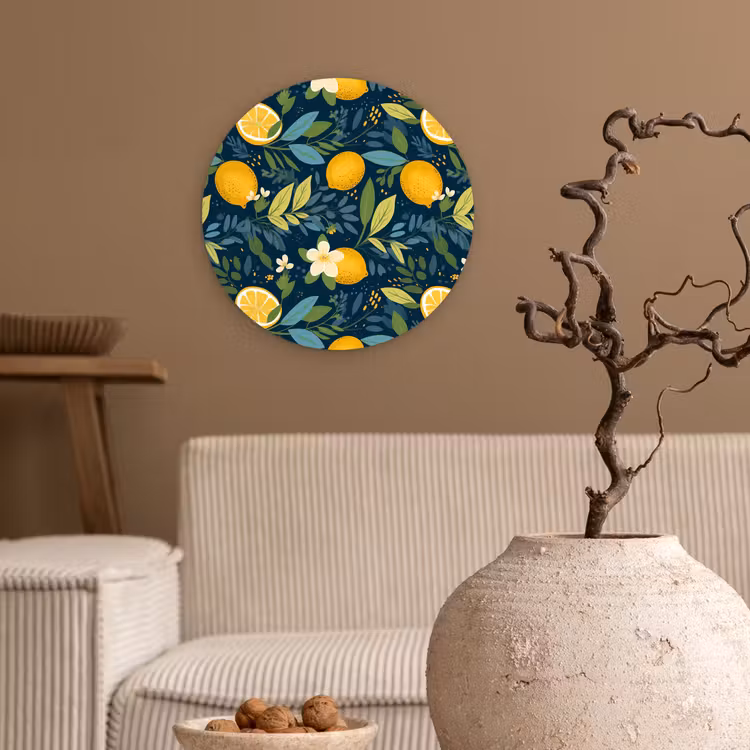 Bloemen - Bladeren - Citroenen - Blauw Wandcirkel plexiglas klein 852 -sfeer1