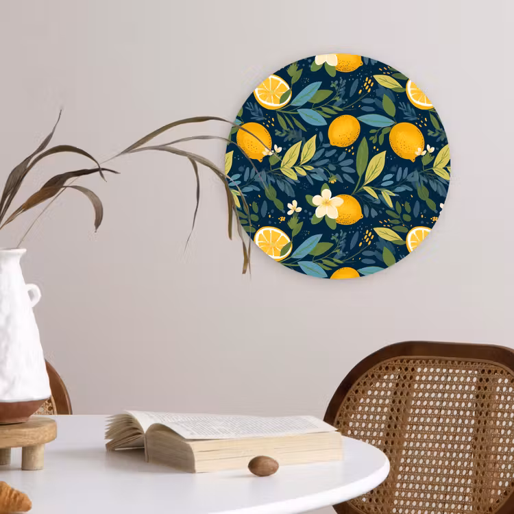 Bloemen - Bladeren - Citroenen - Blauw Wandcirkel plexiglas klein 852 -sfeer4