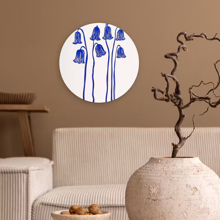 Bloemen - Blauw - Lijnen - Bloemblaadjes Wandcirkel plexiglas klein -sfeer1