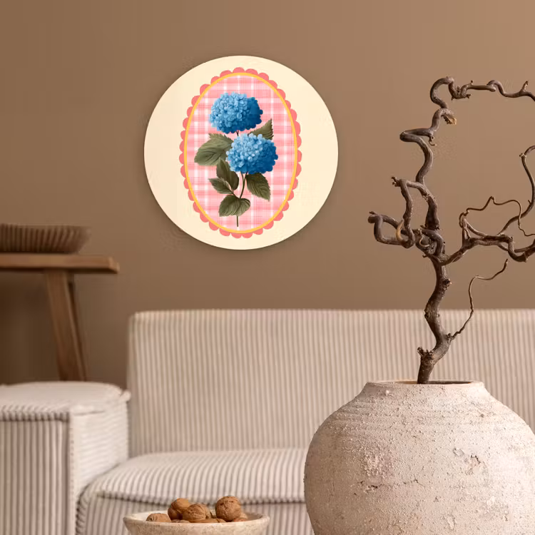 Bloemen - Blauw - Lijst - Bladeren Wandcirkel plexiglas klein -sfeer1