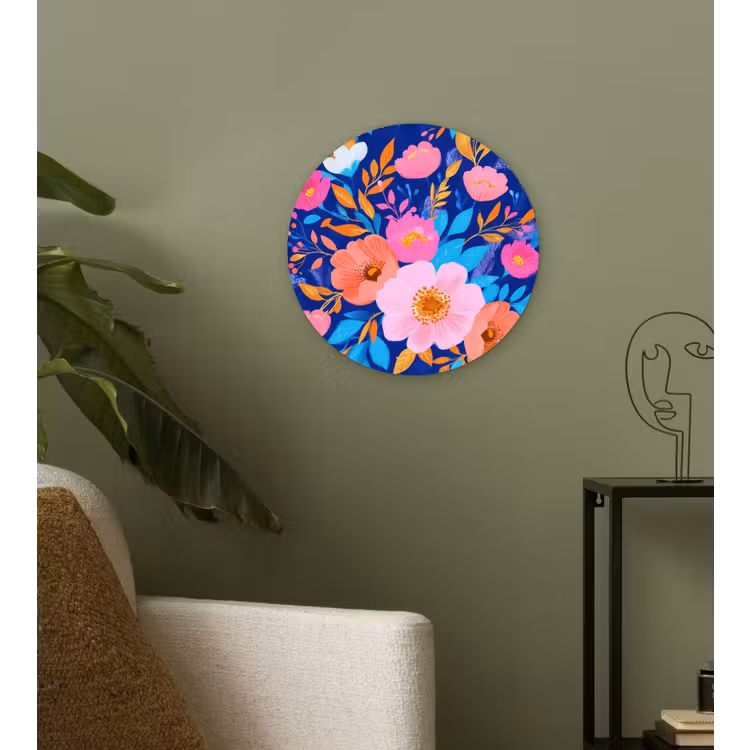 Bloemen - Blauw - Roze Wandcirkel plexiglas klein -sfeer3