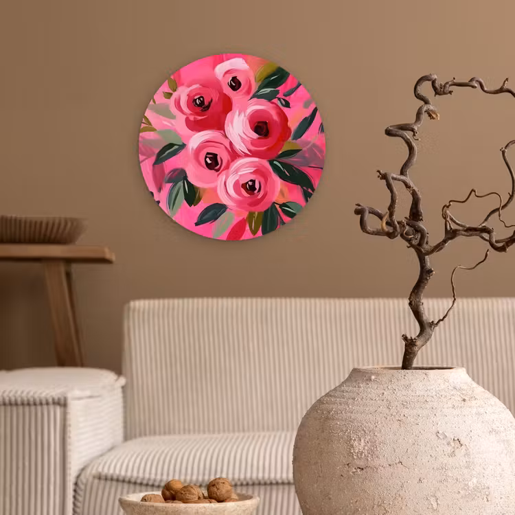 Bloemen - Verf - Roze Wandcirkel plexiglas klein -sfeer1
