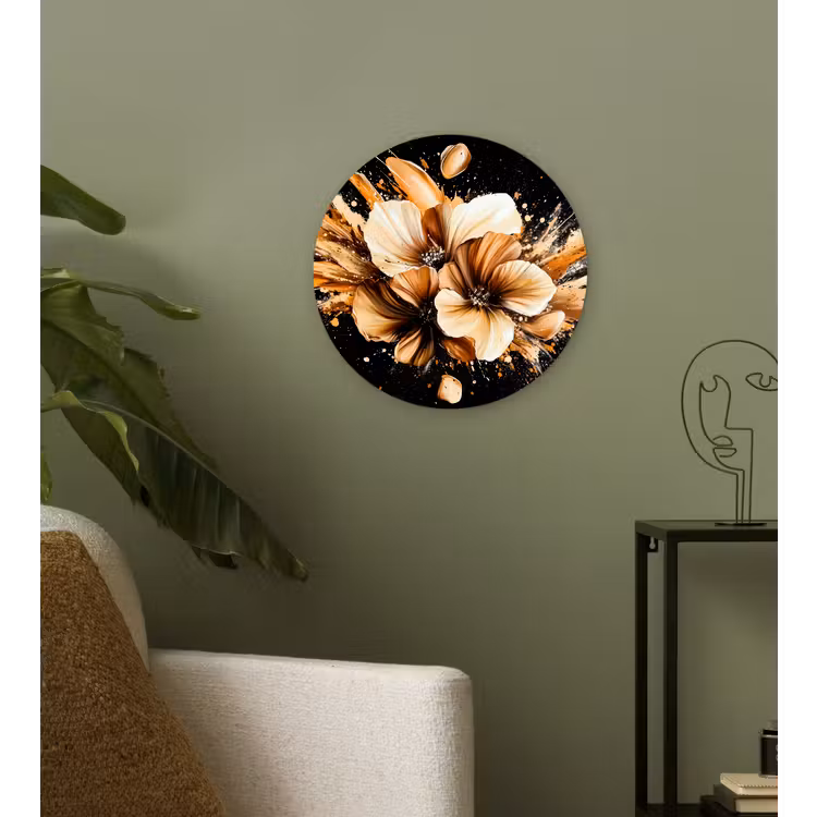 Bloemen - Goud - Graffiti - Zwart - Abstract Wandcirkel plexiglas klein -sfeer3