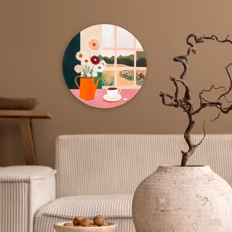 Bloemen - Koffie - Raam Wandcirkel plexiglas klein -sfeer1