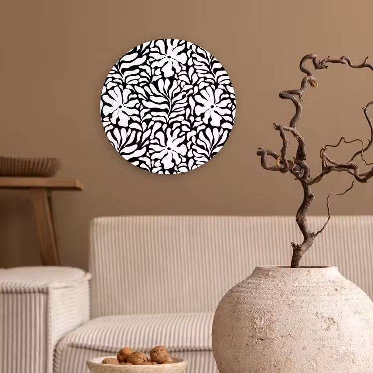 Bloemen - Patroon - Zwart - Wit Wandcirkel plexiglas klein 852 -sfeer1