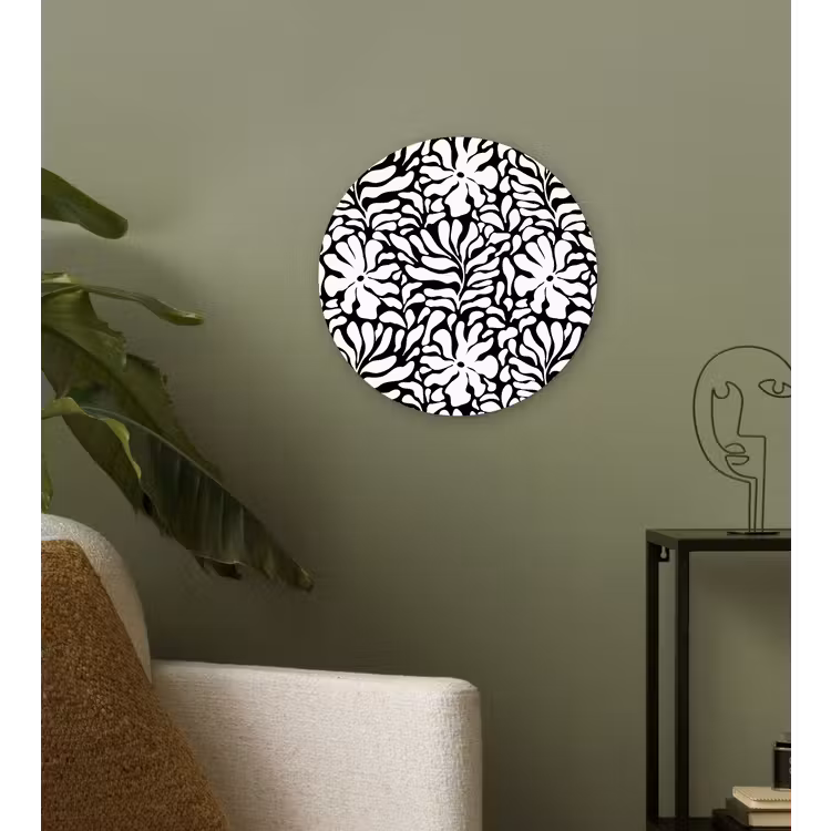 Bloemen - Patroon - Zwart - Wit Wandcirkel plexiglas klein 852 -sfeer3