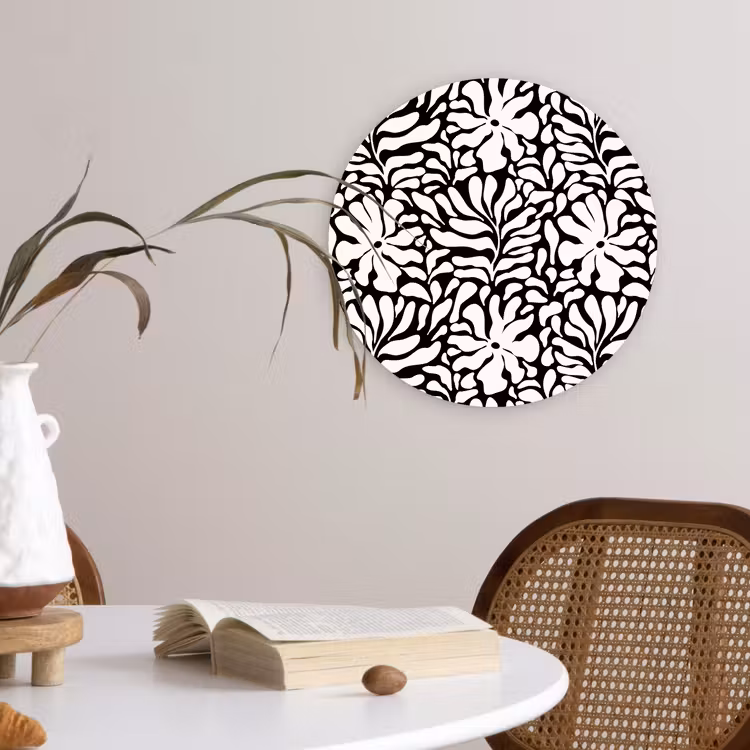 Bloemen - Patroon - Zwart - Wit Wandcirkel plexiglas klein 852 -sfeer4