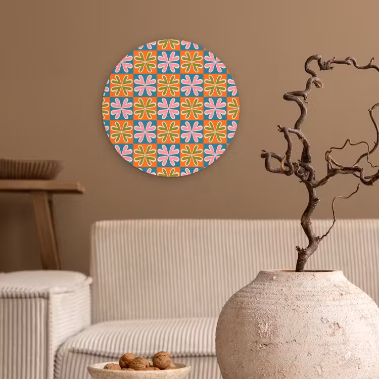 Bloemen - Retro - Patroon - Kleurrijk Wandcirkel plexiglas klein 852 -sfeer1