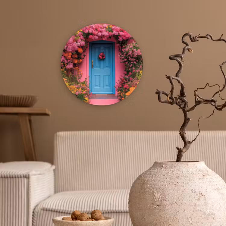 Bloemen - Deur - Roze Wandcirkel plexiglas klein -sfeer1