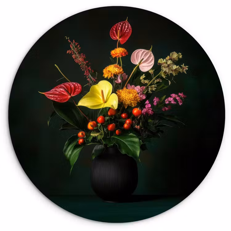 Bloemen - Vaas - Zwart Wandcirkel plexiglas klein -3d