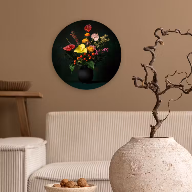 Bloemen - Vaas - Zwart Wandcirkel plexiglas klein -sfeer1