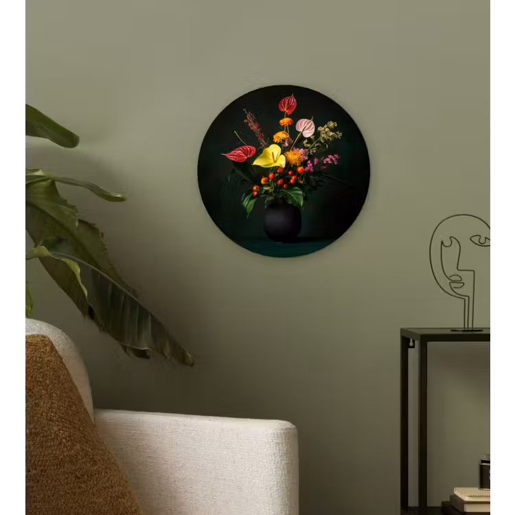 Bloemen - Vaas - Zwart Wandcirkel plexiglas klein -sfeer3